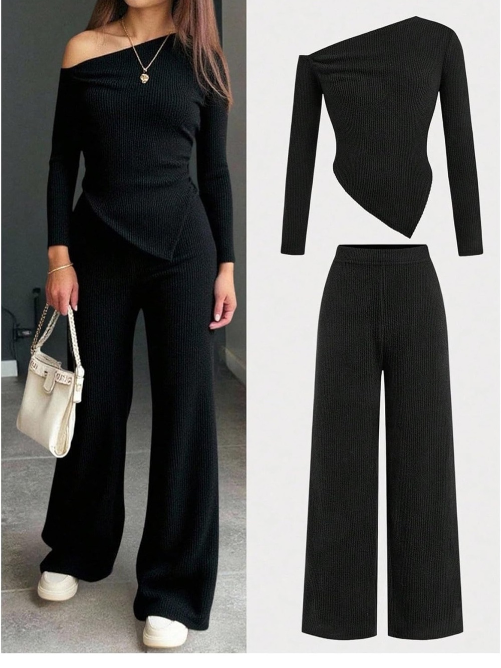 Black Rib-Knit Wide-Leg Pants Set - Picture 2 of 2